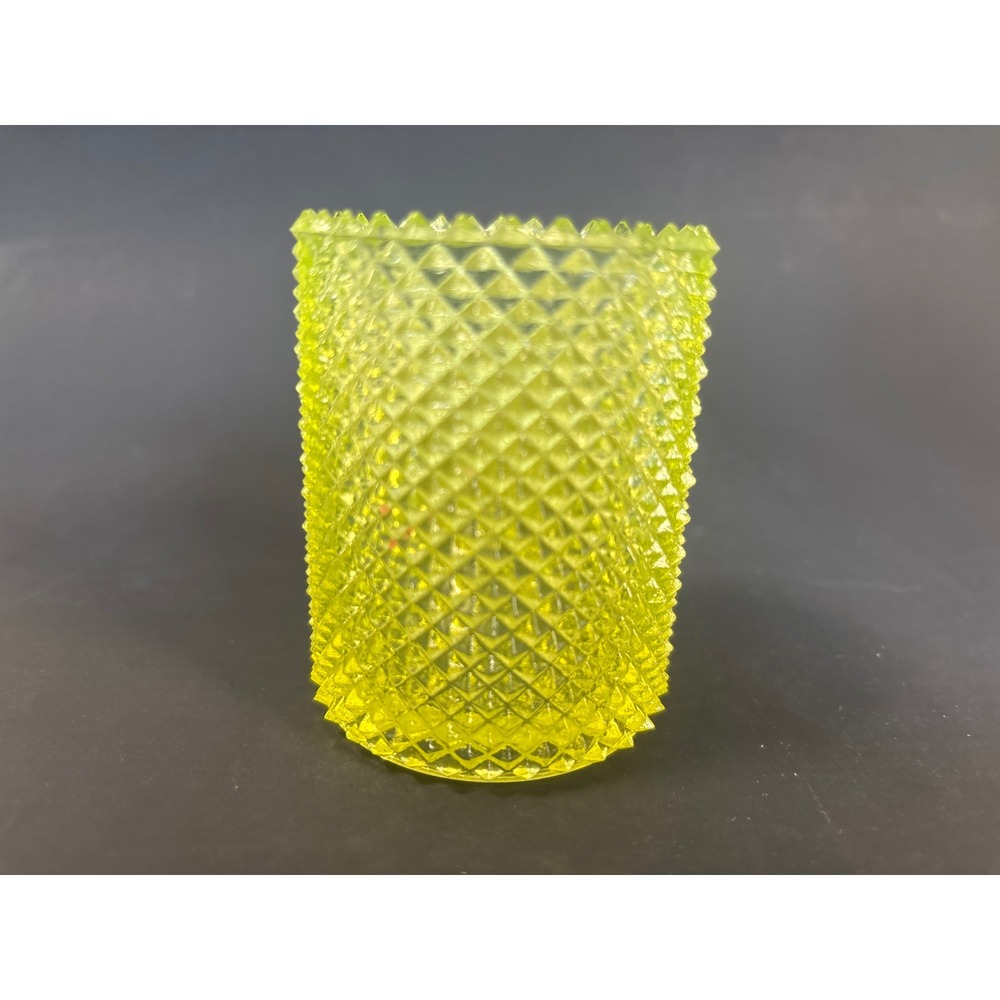 Vintage Faroy USA Yellow Uranium Glass Votive Candle Holder Diamond Point Glow